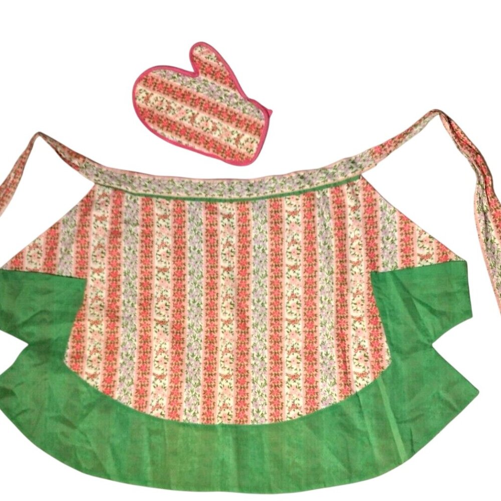 Vintage Homemade Kitchen Apron Oven Mitt Set Pink Green Floral